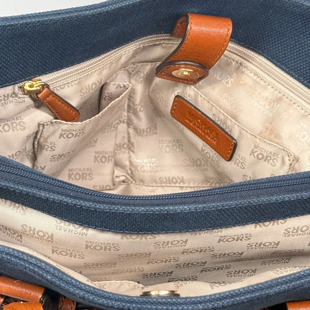 Michael Kors Hamilton Satchel Blue Canvas Medium Magnetic Snap Shoulder Bag